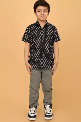 Black block print cotton boys shirt