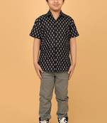 Black block print cotton boys shirt
