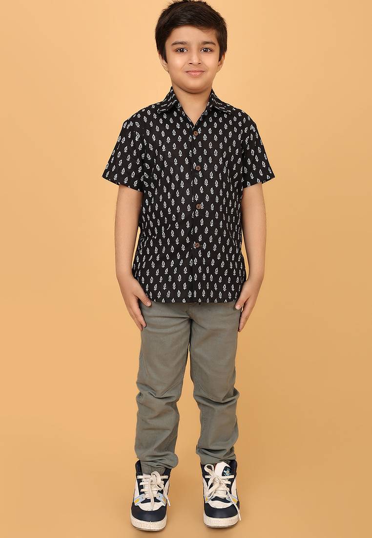 Black block print cotton boys shirt