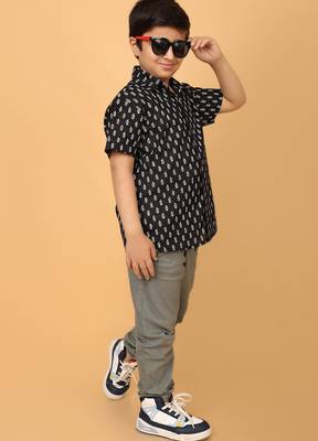Black block print cotton boys shirt 2