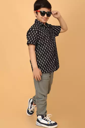 Black block print cotton boys shirt