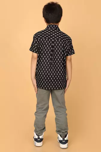 Black block print cotton boys shirt
