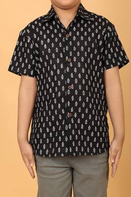 Black block print cotton boys shirt 4