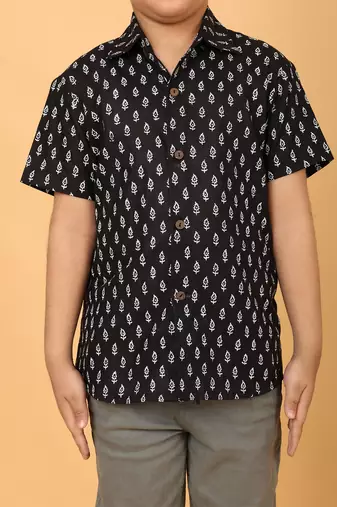 Black block print cotton boys shirt