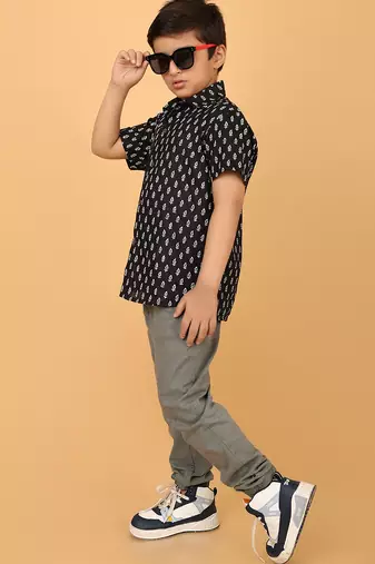 Black block print cotton boys shirt
