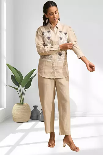 Women's linen beige embroidered short kurta with pant