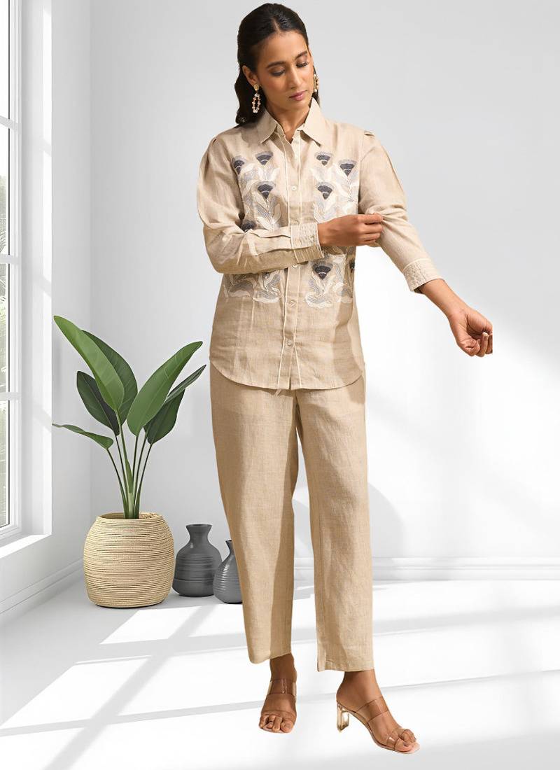 Women's linen beige embroidered short kurta with pant