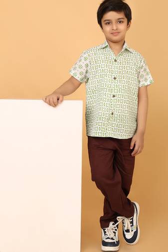 White with green block print boys cotton shirt