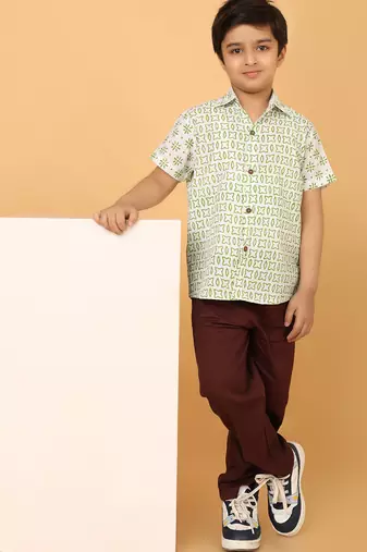 White with green block print boys cotton shirt