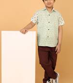 White with green block print boys cotton shirt