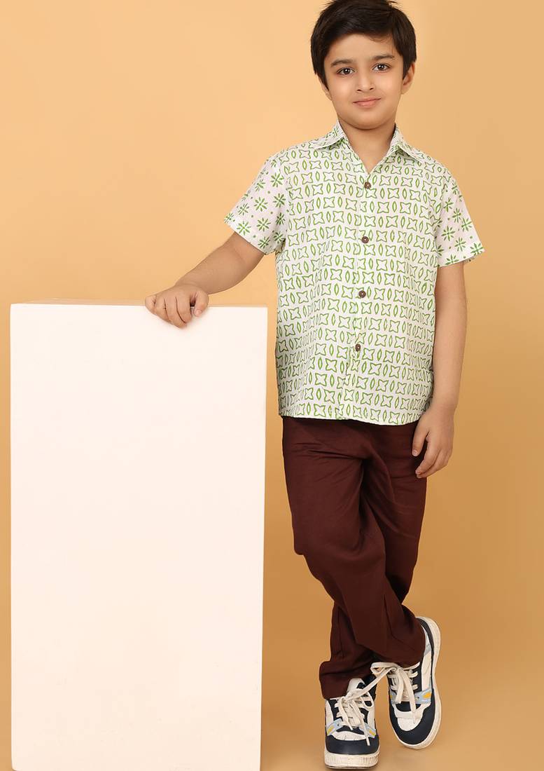 White with green block print boys cotton shirt