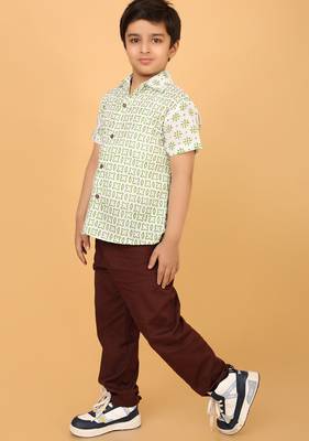 White with green block print boys cotton shirt 2