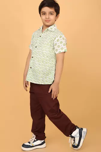White with green block print boys cotton shirt
