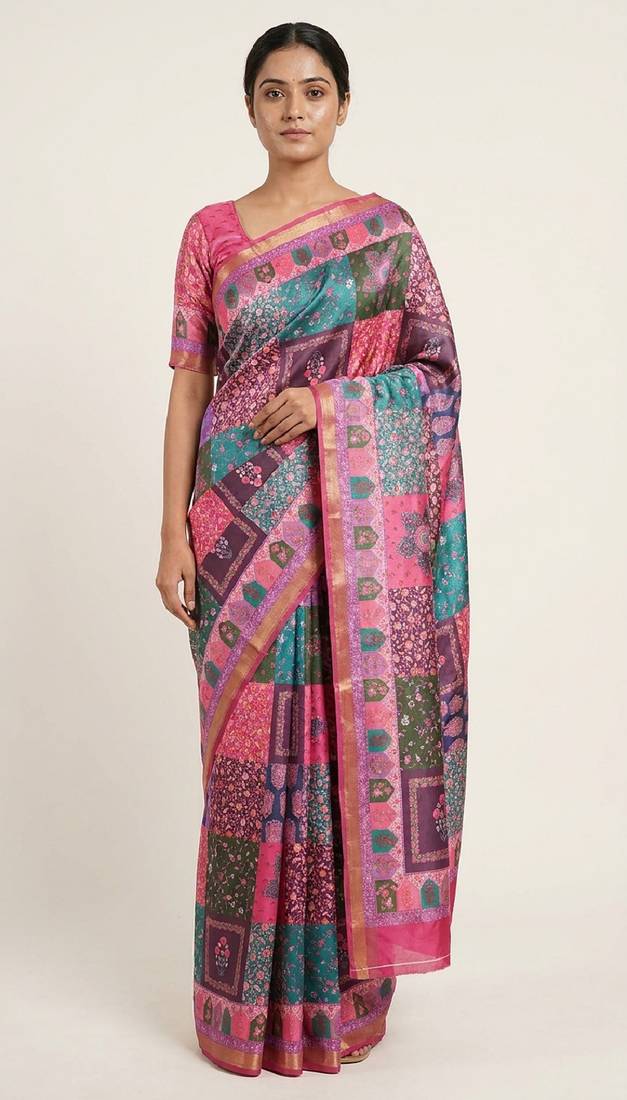 Multicolor digital print mall cotton saree with unstitched blouse