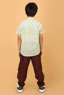 White with green block print boys cotton shirt 3