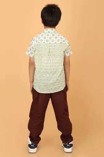 White with green block print boys cotton shirt
