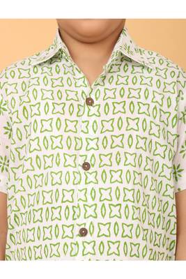 White with green block print boys cotton shirt 4