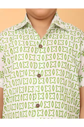 White with green block print boys cotton shirt