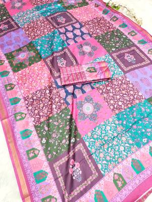 Multicolor digital print mall cotton saree with unstitched blouse 3