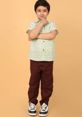 White with green block print boys cotton shirt 5