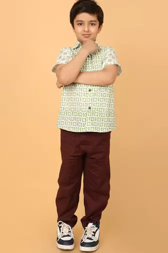 White with green block print boys cotton shirt