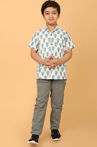 White with blue block print cotton boys shirt