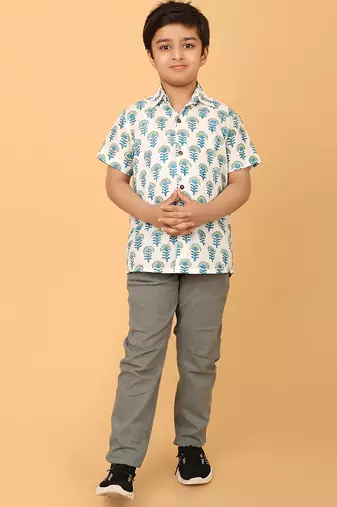White with blue block print cotton boys shirt