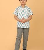 White with blue block print cotton boys shirt
