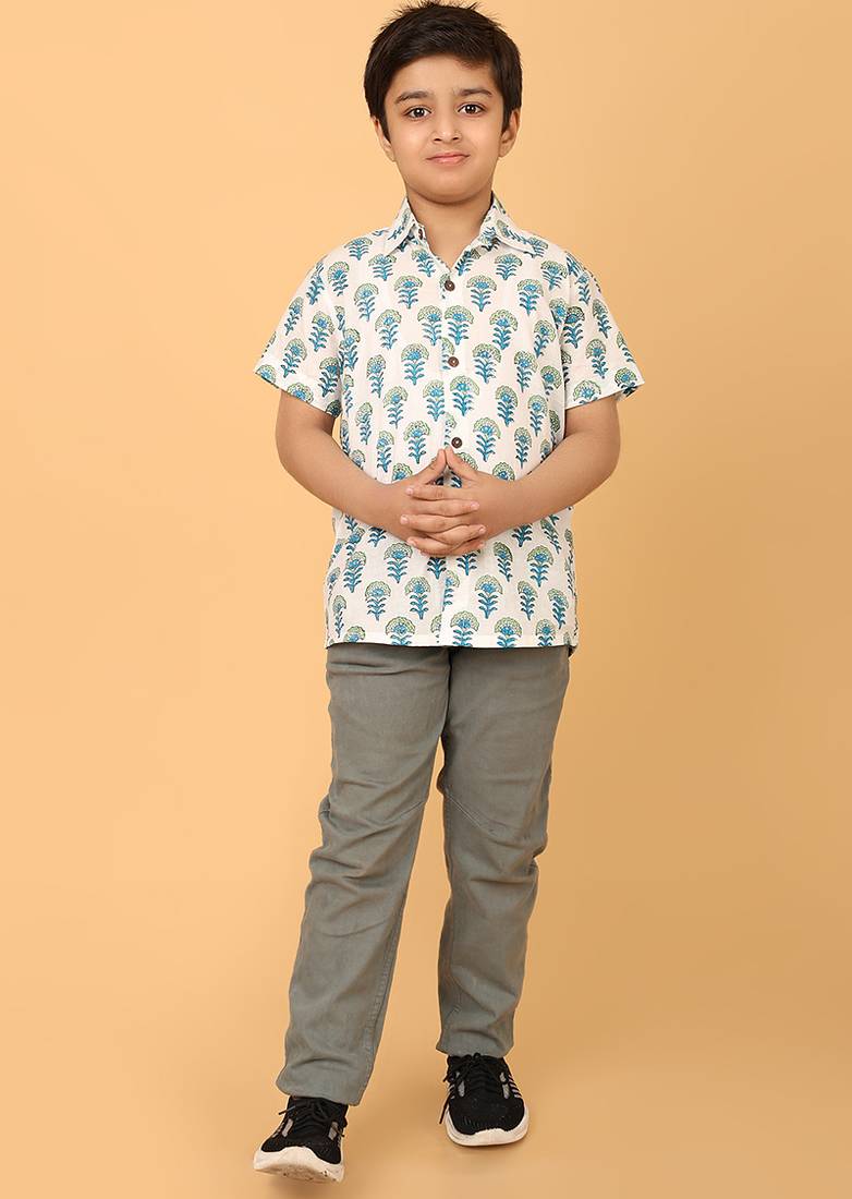 White with blue block print cotton boys shirt