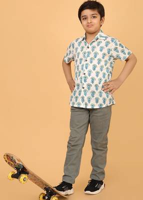 White with blue block print cotton boys shirt 2