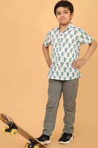 White with blue block print cotton boys shirt