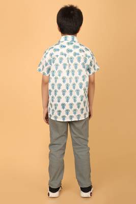 White with blue block print cotton boys shirt 3