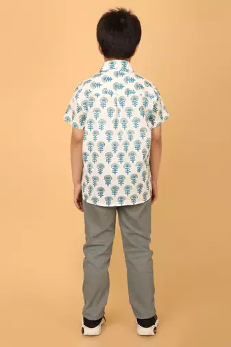 White with blue block print cotton boys shirt