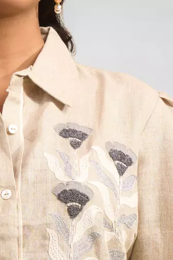 Women's linen beige embroidered short kurta with pant
