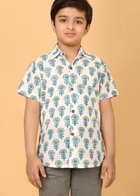 White with blue block print cotton boys shirt 4
