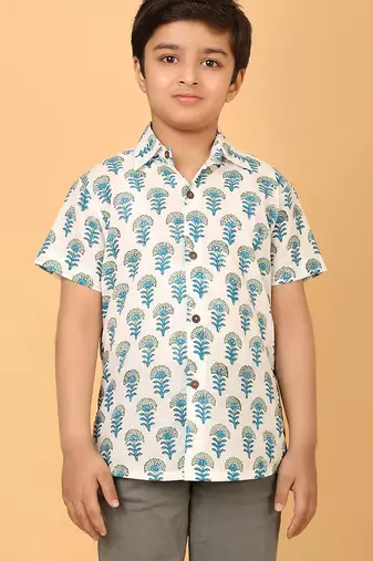 White with blue block print cotton boys shirt