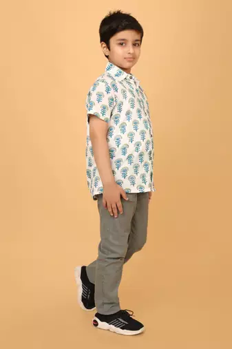 White with blue block print cotton boys shirt