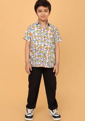 White with multicolor block print cotton boys shirt 1