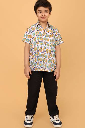 White with multicolor block print cotton boys shirt