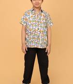 White with multicolor block print cotton boys shirt