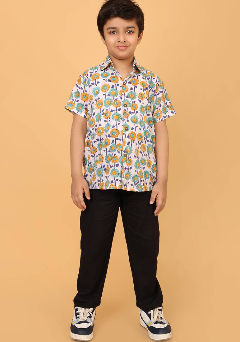 White with multicolor block print cotton boys shirt