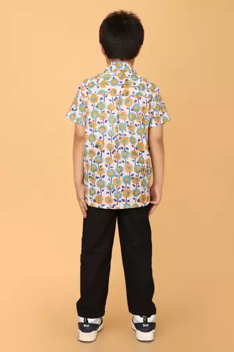 White with multicolor block print cotton boys shirt