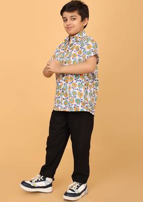 White with multicolor block print cotton boys shirt 3