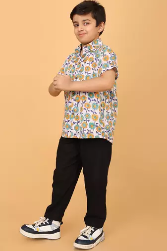 White with multicolor block print cotton boys shirt
