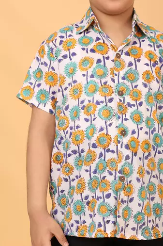 White with multicolor block print cotton boys shirt