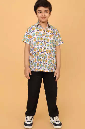 White with multicolor block print cotton boys shirt