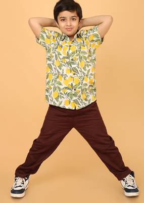 White with yellow green block print cotton boys shirt 1