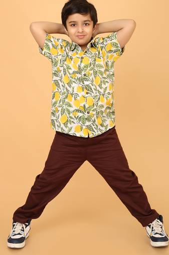 White with yellow green block print cotton boys shirt