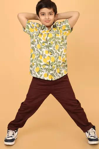 White with yellow green block print cotton boys shirt