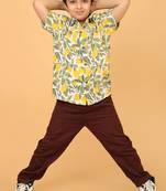White with yellow green block print cotton boys shirt